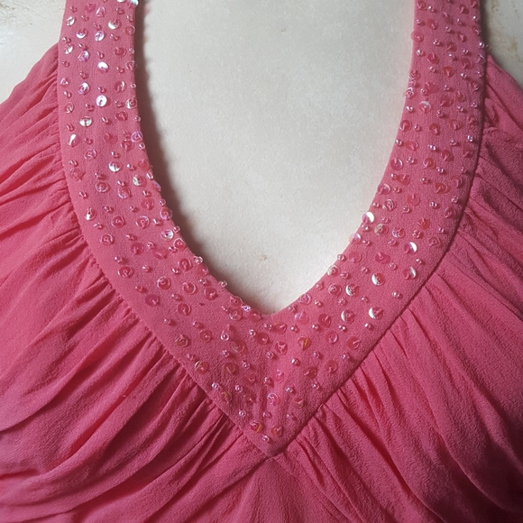 2/$35 Bebe Coral Pink Beaded Ruched Silk Halter Top - Picture 6 of 16